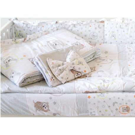 Mama Kiddies Sofie Dreams 4 részes babaágynemű 180°-os rácsvédővel baglyos mintával fehér színben