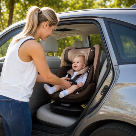 ISOFIX 360° drehbarer Mama Kiddies® iSize Capry Kindersitz (40–150 cm) in Beige/Braun + Geschenk