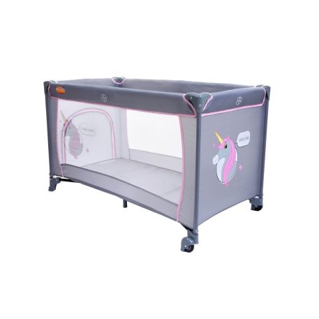 BABYMAXI utazóágy szürke színben rózsaszín unikornis mintával ajándék szúnyoghálóval