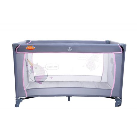 BABYMAXI utazóágy szürke színben rózsaszín unikornis mintával ajándék szúnyoghálóval