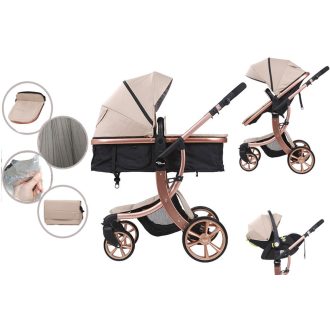   Kinderwagen Mama Kiddies Sun Black ELITE 3 in 1 mit Zubehör in beige + Geschenk