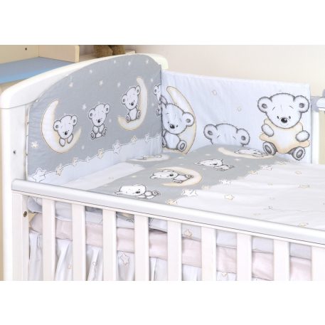 Mama Kiddies Baby Bear 5 teilige Bettwäsche für Babys mit einem Bettrand in 180° in Grau mit Bärenmuster