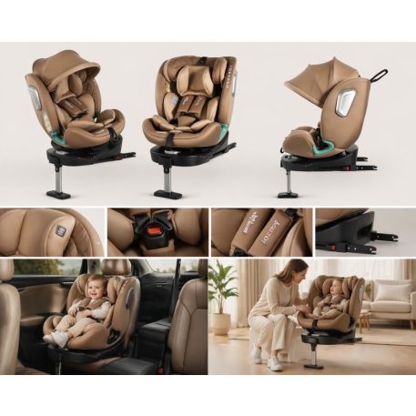  ISOFIX-fähiger, um 360° drehbarer Mama Kiddies® i-Size Journey Extra Kindersitz, um 360° drehbar, 40–150 cm, in Beige, mit Stützfuß, gratis Sonnenschutz und Fußstütze