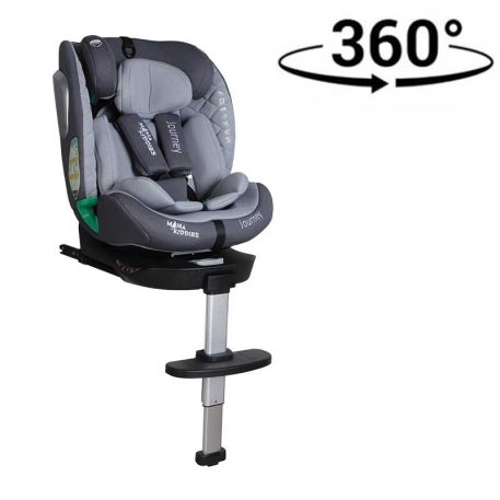 ISOFIX-fähiger, um 360° drehbarer Mama Kiddies iSize Journey Extra Kindersitz (40–150 cm) in Grau mit Stützfuß, inklusive Sonnenblende und Fußstütze
