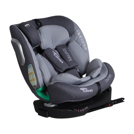 ISOFIX-fähiger, um 360° drehbarer Mama Kiddies iSize Journey Extra Kindersitz (40–150 cm) in Grau mit Stützfuß, inklusive Sonnenblende und Fußstütze