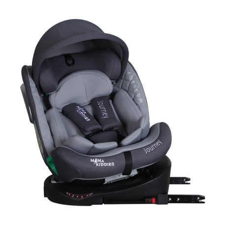 ISOFIX-fähiger, um 360° drehbarer Mama Kiddies iSize Journey Extra Kindersitz (40–150 cm) in Grau mit Stützfuß, inklusive Sonnenblende und Fußstütze