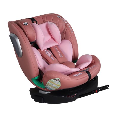 ISOFIX-fähiger, um 360° drehbarer Mama Kiddies iSize Journey Extra Kindersitz (40–150 cm) in Pink mit Stützfuß, inklusive Sonnenblende und Fußstütze