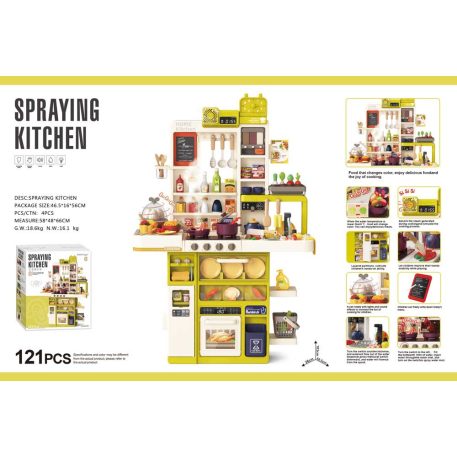 Mama Kiddies Interaktive „Spraying Kitchen“ Spielküche – 121-teiliges Set, 103 cm hoch, mit Licht- und Soundeffekten in Gelb-Grün