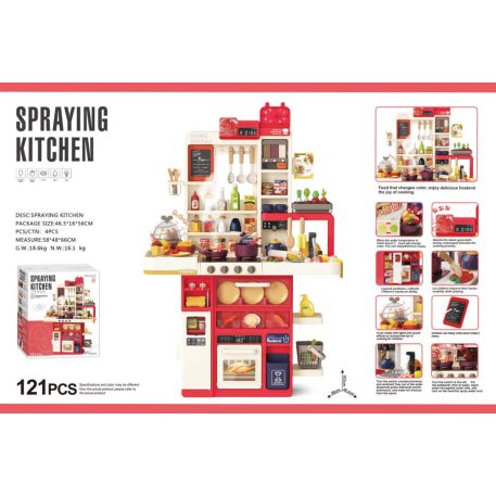 Mama Kiddies Interaktive „Spraying Kitchen“ Spielküche – 121-teiliges Set, 103 cm hoch, mit Licht- und Soundeffekten in Rot