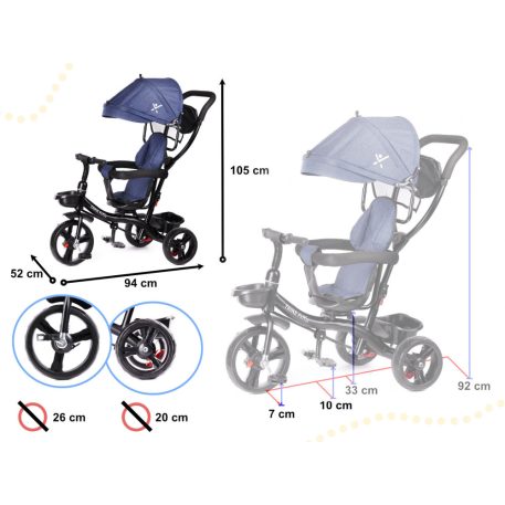 Fix Lite 3in1 Dreirad mit Führungshebel und Fußstützen, in Blau (Sitz um 360° drehbar)