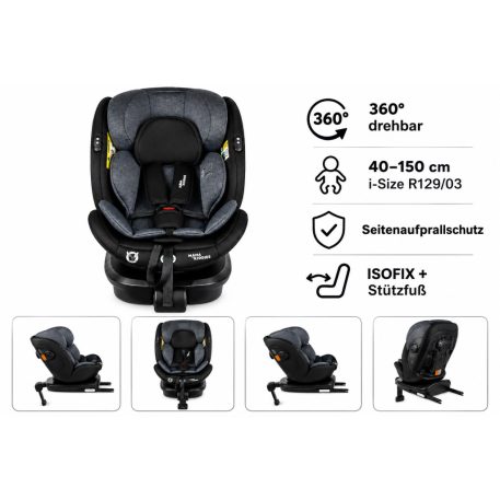 ISOFIX-fähiger, um 360° drehbarer Kindersitz Mama Kiddies® Turbo Wings (40–150 cm) in Dunkelgrau mit Stützfuß + Sonnenschutz als Geschenk