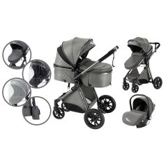   Kinderwagen Mama Kiddies Charlie PRO 3 in 1 mit Zubehör in grau + Geschenk