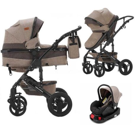 Mama Kiddies® Evening Star Black Edition 4-in-1 Multifunktionskinderwagen mit Zubehör in Beige-Braun, inklusive ISOFIX-Basis + Geschenk