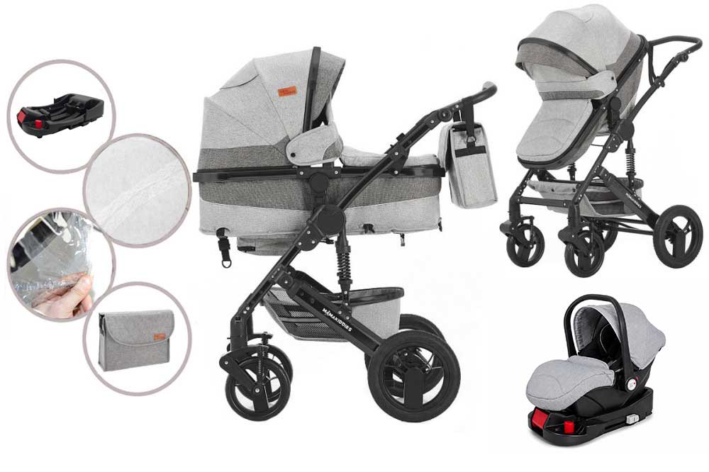 Mama Kiddies® Evening Star Black Edition 4-in-1-Multifunktionskinderwagen in Grau mit ISOFIX-Basis
